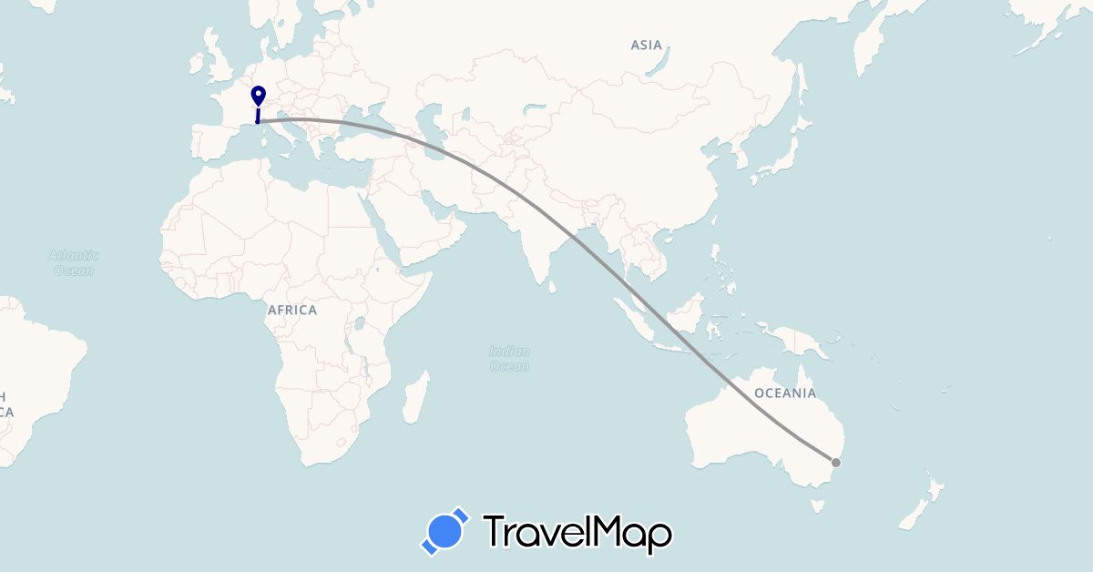 TravelMap itinerary: driving, plane in Australia, France, Italy, Monaco (Europe, Oceania)